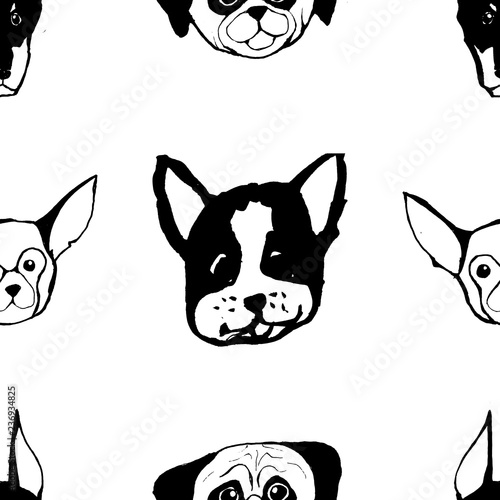 Seamless pattern with Dog breeds. Bulldog, Husky, Alaskan Malamute, Retriever, Doberman, Poodle, Pug, Shar Pei, Dalmatian