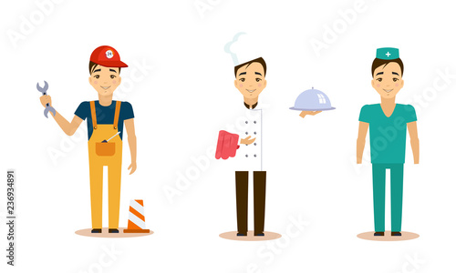 Men of different professions set, waiter, doctor, foreman, working people vector Illustration on a white background
