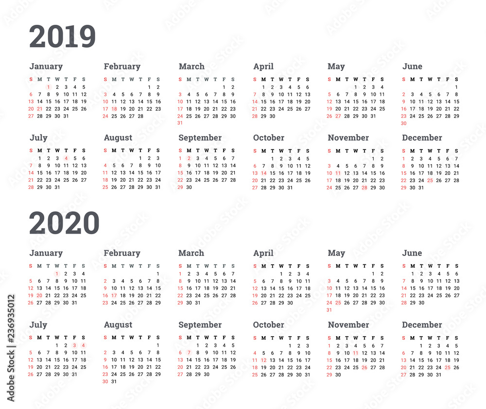 Calendar 2019 2020 year - illustration. Week starts on Monday Calendar 2019 2020 year - illustration. Week starts on Monday