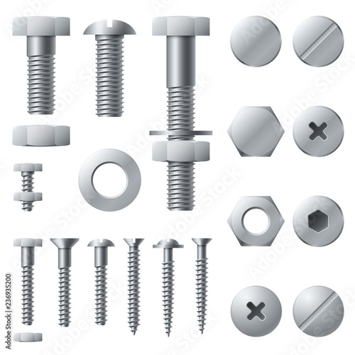 Metal screws. Bolt screw nut rivet head steel construction elements. Realistic bolts isolated vector set
