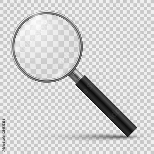 Realistic magnifier. Glass magnify, zoom tools loupe scrutiny lens optical microscope. Realistic isolated 3d vector photo