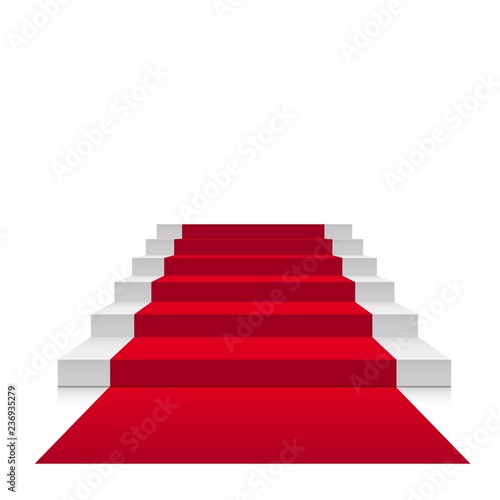 Stairs 3d with red carpet. Vector scarlet staircase for celebrity or stairway up to success isolated on white background
