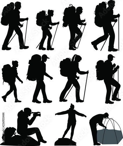 Collection of silhouettes of mans and womans in hike