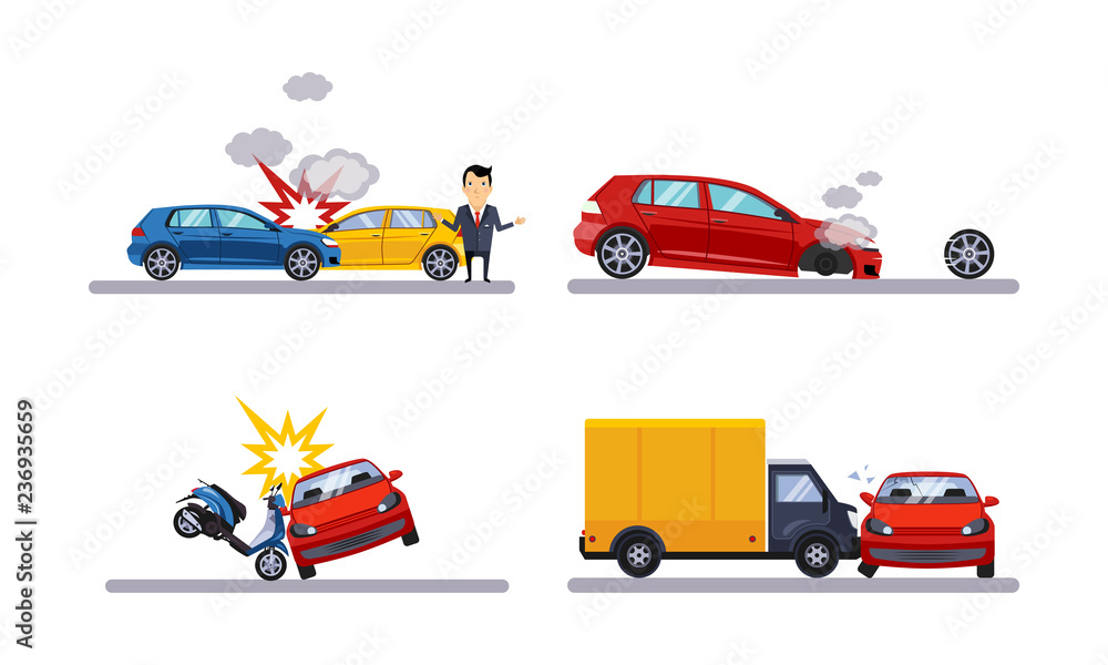 Naklejka premium Car accidents and crash set flat vector Illustration on a white background