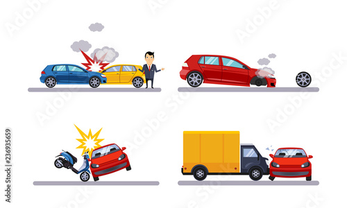 Car accidents and crash set flat vector Illustration on a white background