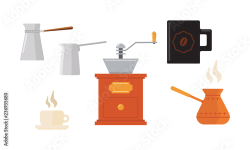 Flat vector set of icons related to coffee theme. Cups, Turkish cezve pots and coffee grinder. Hot drink