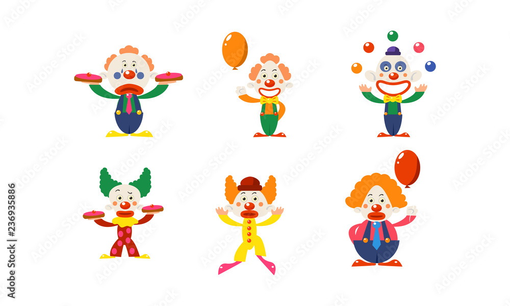 Flat vector set of clowns in different actions. Funny cartoon characters makeup on faces. Circus artists