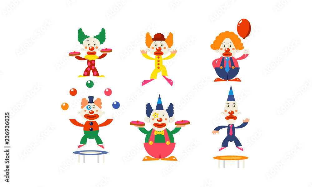 Fototapeta premium Flat vector set of clowns in different actions. Circus artists in colorful wigs. Funny cartoon characters