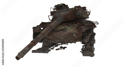 damaged rusty battle tank on an isolated white background. 3d illustration