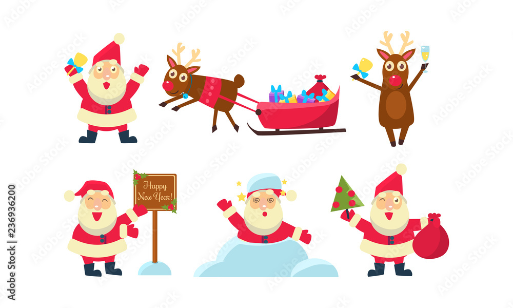 Flat vector set of colorful Christmas icons. Funny Santa Claus and reindeer. Snow, sleigh with gifts