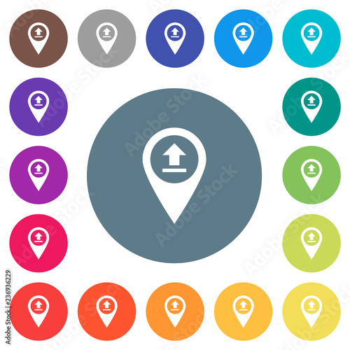 Upload GPS map location flat white icons on round color backgrounds