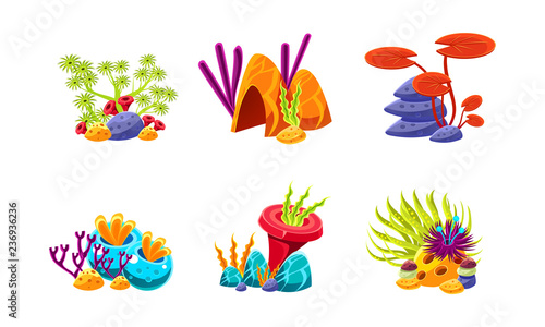 Flat vector set of compositions with marine algae and stones. Cartoon elements for aquarium decoration