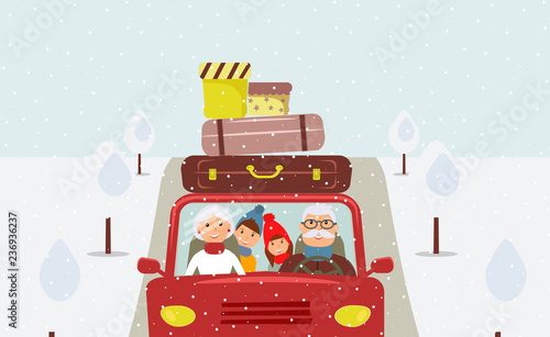 Beautiful cartoon family: grandfather, grandmother, grandson and granddaughter are going to Christmas vacation. Elderly man is driving a red car. There are a few suitcases and boxes on the roof of car