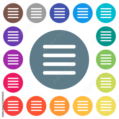 Text align justify flat white icons on round color backgrounds