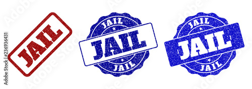 JAIL grunge stamp seals in red and blue colors. Vector JAIL imprints with grunge surface. Graphic elements are rounded rectangles, rosettes, circles and text titles.