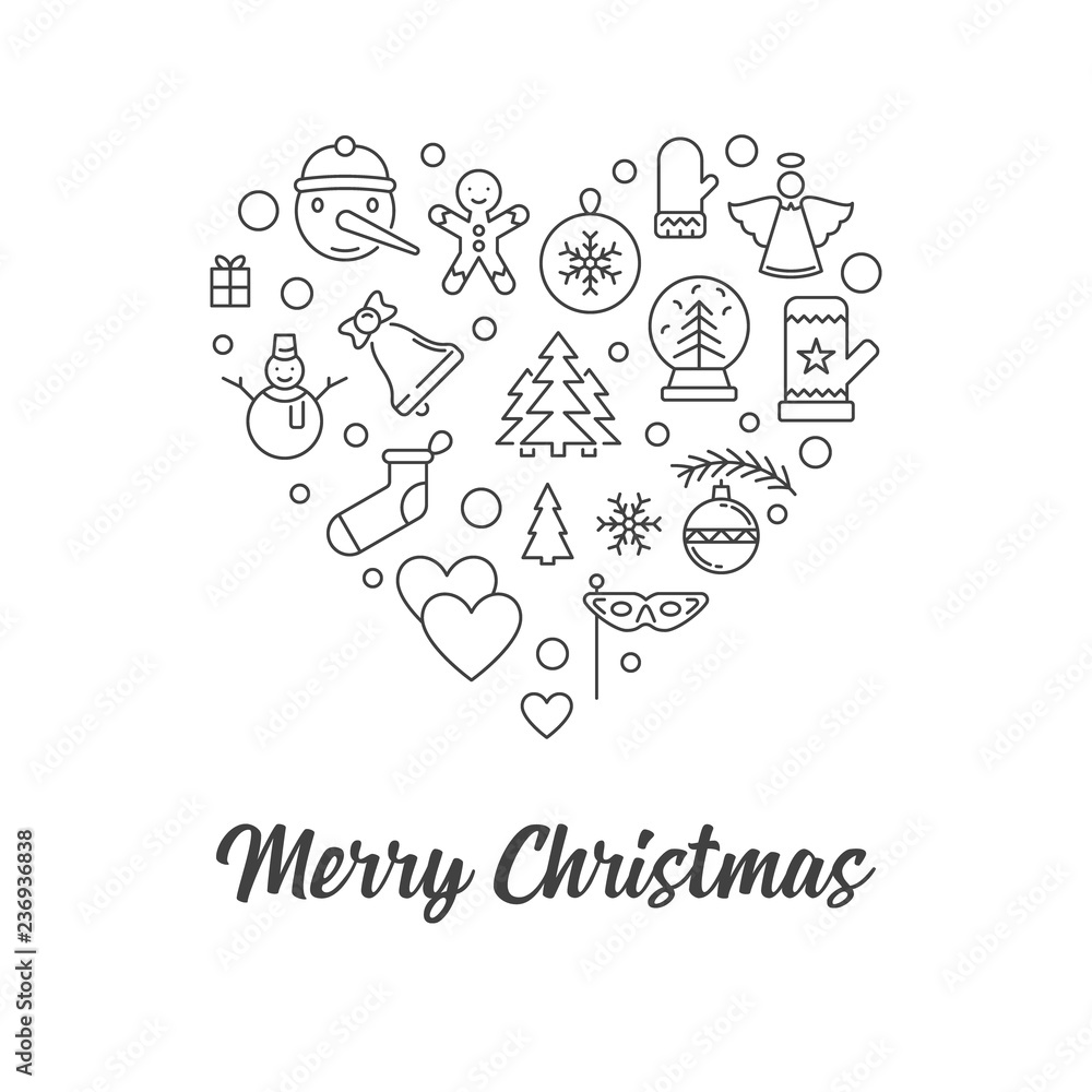 Merry Christmas creative minimal vector illustration. Heart made of xmas outline concept icons