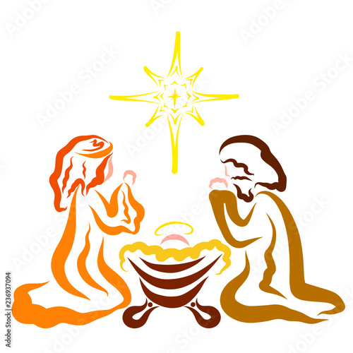 Mary and Josiah pray next to the newborn Jesus under the shining star photo