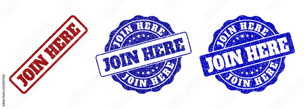 JOIN HERE grunge stamp seals in red and blue colors. Vector JOIN HERE imprints with grunge effect. Graphic elements are rounded rectangles, rosettes, circles and text tags. JOIN HERE grunge stamp seals in red and blue colors. Vector JOIN HERE imprints with grunge effect. Graphic elements are rounded rectangles, rosettes, circles and text tags.