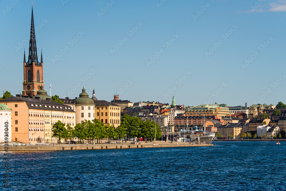 stockholm waterfront panorama view on riddarholmen church in gamla stan. Sweden
