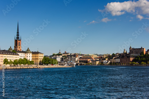 Scenic summer view of the Old Town pier architecture in Stockholm, Sweden