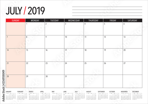 July 2019 desk calendar vector illustration