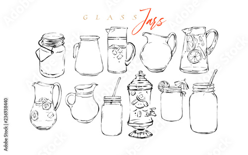 Hand drawn vector graphic textured artistic bar menu ink collection set sketch illustrations drawing bundle of organic natural lemonade cocktails drinks in glass isolated on white background