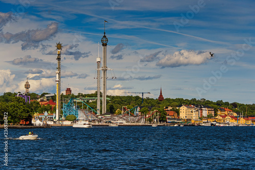 Scenic summer view of the Old Town pier architecture in Stockholm. Stockholm harbor Sweden