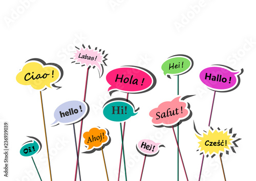 multicolor speech bubbles with greetings in various European languages isolated on the white background, horizontal vector illustration