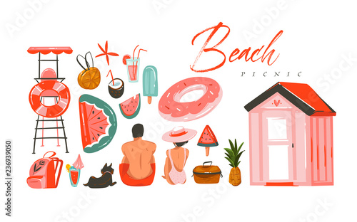 Hand drawn vector abstract Summer time illustrations collection set with boy and girl characters sitting on the beach shore,swimming buoy rubber rings and picnic objects isolated on white backhrouns