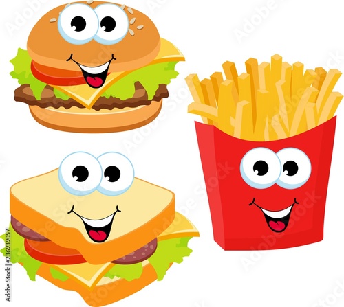 Fast food set hamburger, sandwich and french fries isolated on white background. Fast food smile vector cartoon expression characters illustration
