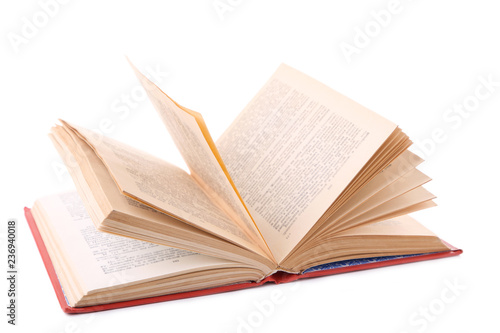 Open book isolated on white background, close up
