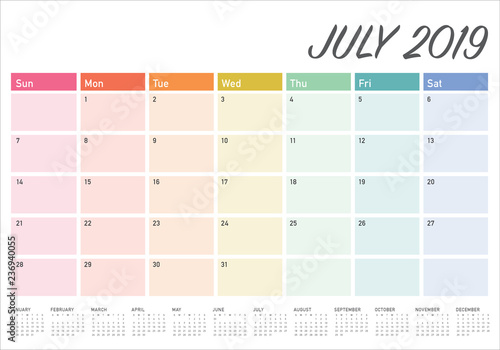 July 2019 desk calendar vector illustration