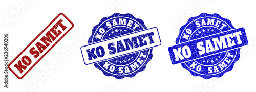 KO SAMET grunge stamp seals in red and blue colors. Vector KO SAMET marks with grunge style. Graphic elements are rounded rectangles, rosettes, circles and text labels.