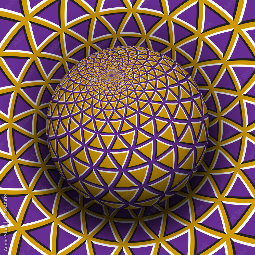 Optical illusion vector illustration. Yellow purple triangles patterned sphere soaring above the same surface. Optical illusion vector illustration. Yellow purple triangles patterned sphere soaring above the same surface.