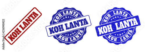 KOH LANTA grunge stamp seals in red and blue colors. Vector KOH LANTA watermarks with grunge style. Graphic elements are rounded rectangles, rosettes, circles and text captions. photo