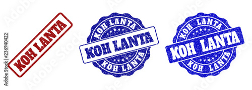 KOH LANTA grunge stamp seals in red and blue colors. Vector KOH LANTA watermarks with grunge style. Graphic elements are rounded rectangles, rosettes, circles and text captions.