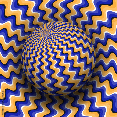 Optical illusion vector illustration. Blue orange wavy patterned sphere soaring above the same surface.