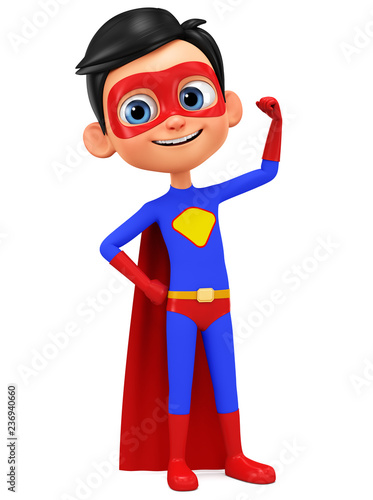 Cartoon character boy in superhero costume showing muscle on white background. 3d rendering. Illustration for advertising.
