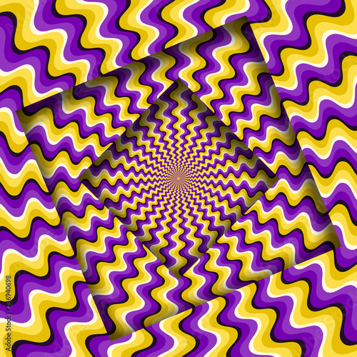 Abstract turned frames with a rotating purple yellow wavy pattern. Optical illusion background.