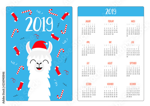 Llama alpaca in Santa red hat. Candy cane, socks. Simple pocket calendar layout 2019 new year. Week starts Sunday. Cute cartoon character. Vertical orientation. Flat design. Blue background.
