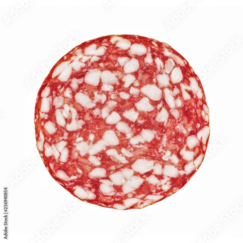 .Slices of salami. Isolated on a white background. sausage cut.uncooked smoked.mincemeat..