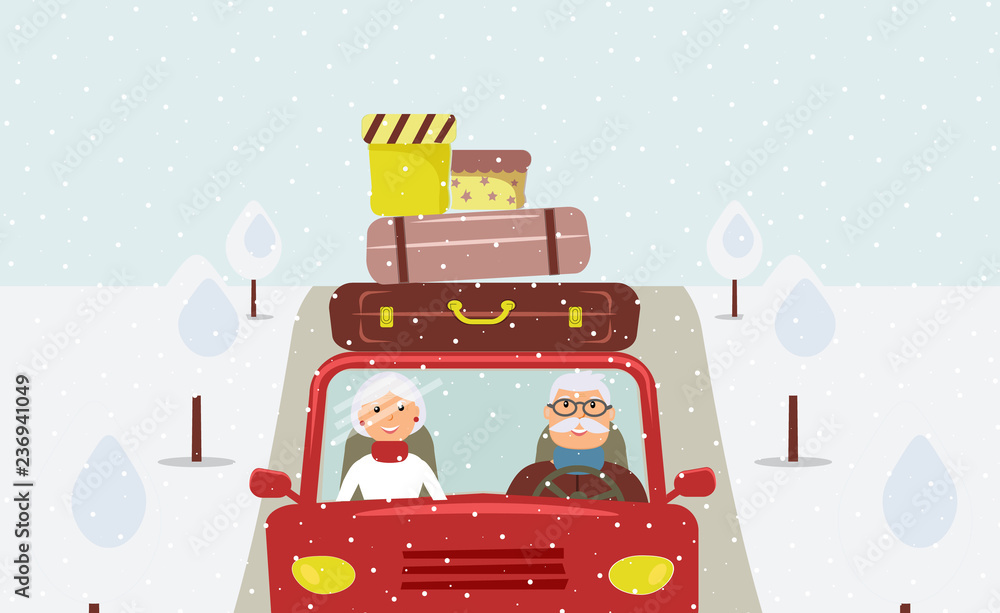 Naklejka premium Beautiful cartoon family: elderly man and woman are going to Christmas vacation. Male is driving a red car. There are a few suitcases and boxes on the roof of car.Road and trees are under snow.Vector