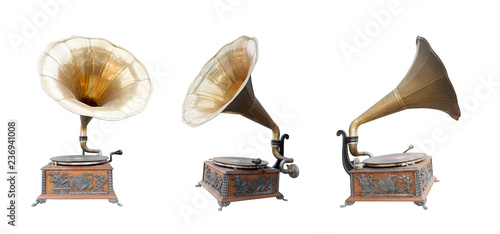 all antique brass and wooden gramaphones on white background,copy space