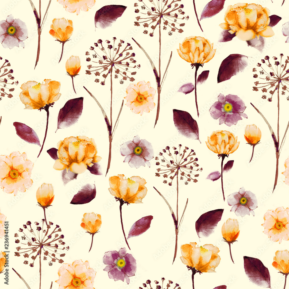 Seamless Bright vintage Watercolor floral pattern, delicate flower wallpaper,