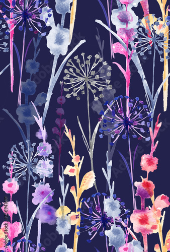 Watercolor wild floral pattern, delicate flower wallpaper. © MSNTY_STUDIOX