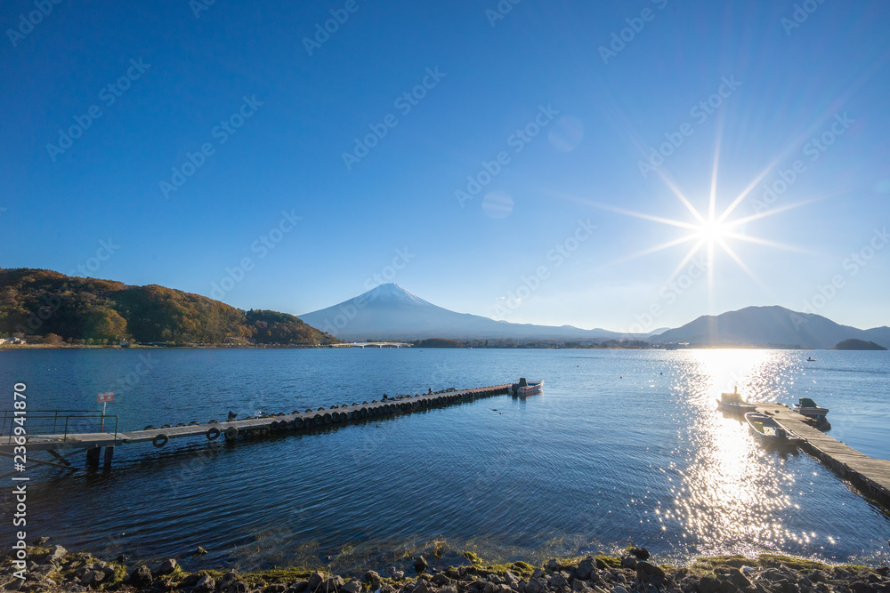 Kawaguchiko lake of Japan with sunshine ,Mountain Fuji 