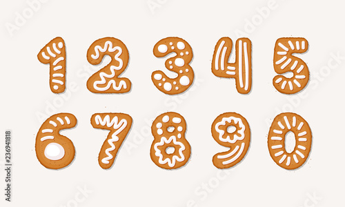 Vector cartoon set of Gingerbread arabic numbers - holidays Christmas ginger cookie isolated on white background. Merry Christmas and Happy New Year cookie numbers cover by icing-sugar, sugar syrop