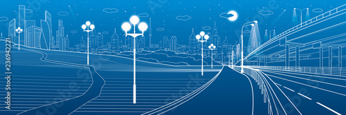 City scene. Car overpass bridge. Evening illuminated park. Kids are playing. Modern night town on background. Vector design art