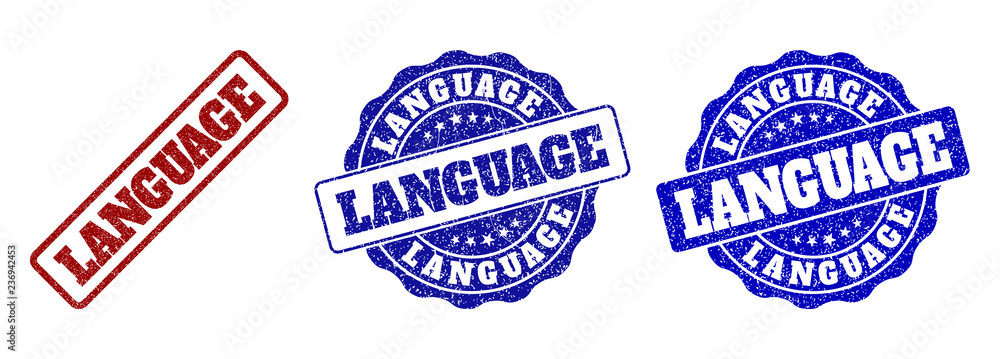 LANGUAGE grunge stamp seals in red and blue colors. Vector LANGUAGE imprints with grunge surface. Graphic elements are rounded rectangles, rosettes, circles and text captions. LANGUAGE grunge stamp seals in red and blue colors. Vector LANGUAGE imprints with grunge surface. Graphic elements are rounded rectangles, rosettes, circles and text captions.