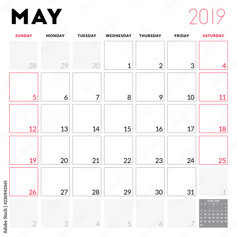 Calendar planner for May 2019. Week starts on Sunday. Printable vector  stationery design template Stock Vector | Adobe Stock